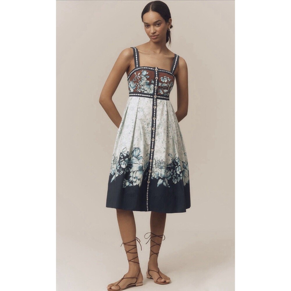 Anthropologie Maeve Midi Dress Blue Square Neck Button Front Preppy Medium NWT